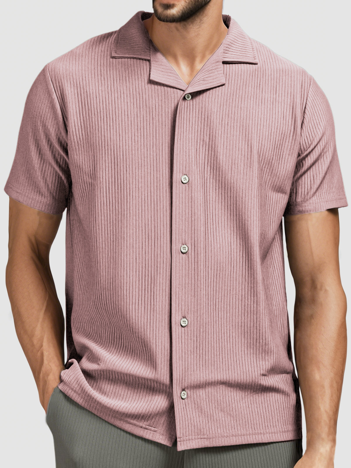 Men's Pit Stripe Pleated Cuban Collar Holiday Casual Button Short Sleeve Shirt