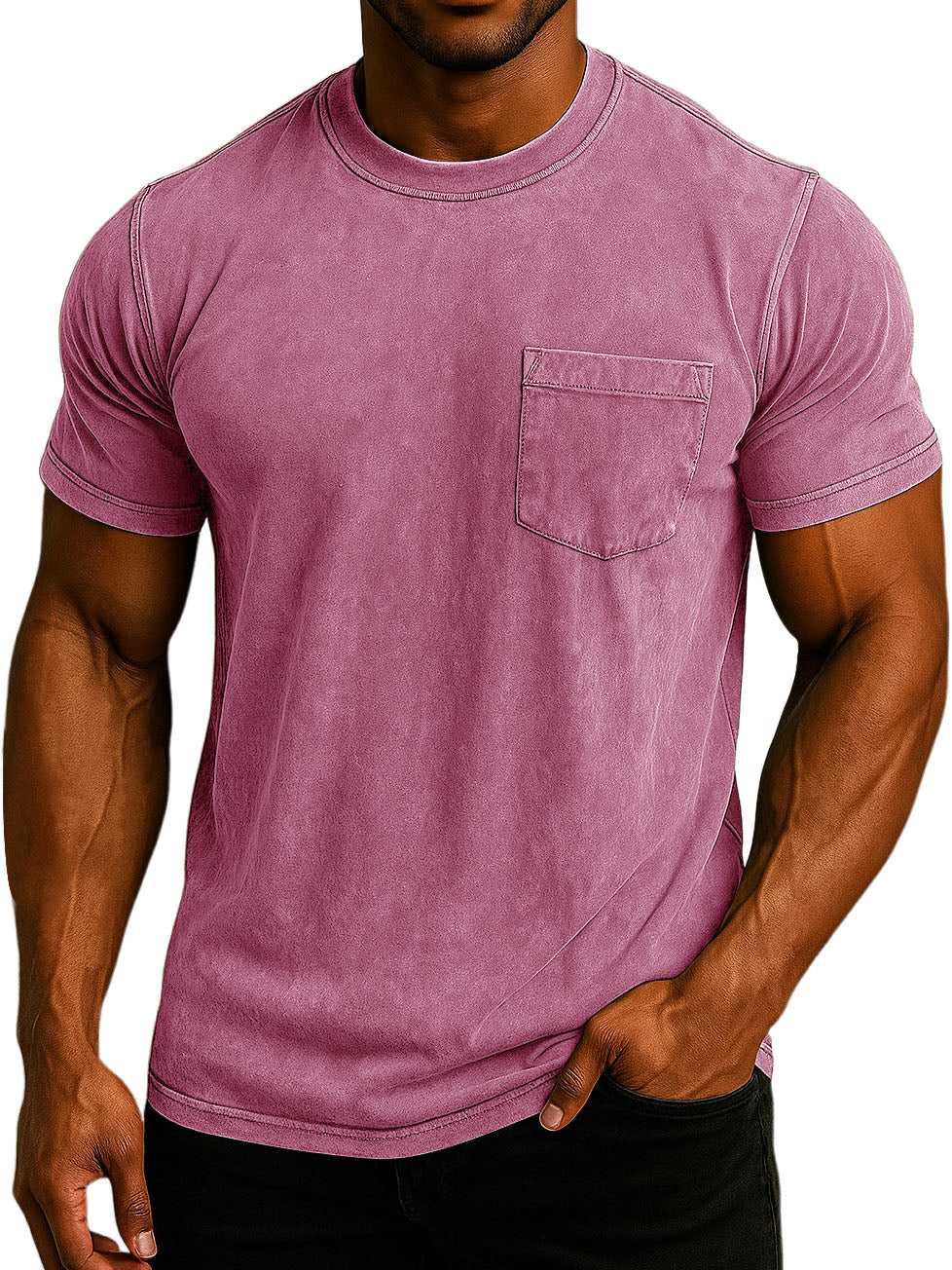 Men's Fashion Washed And Distressed Cotton Retro Pocket Casual T-shirt