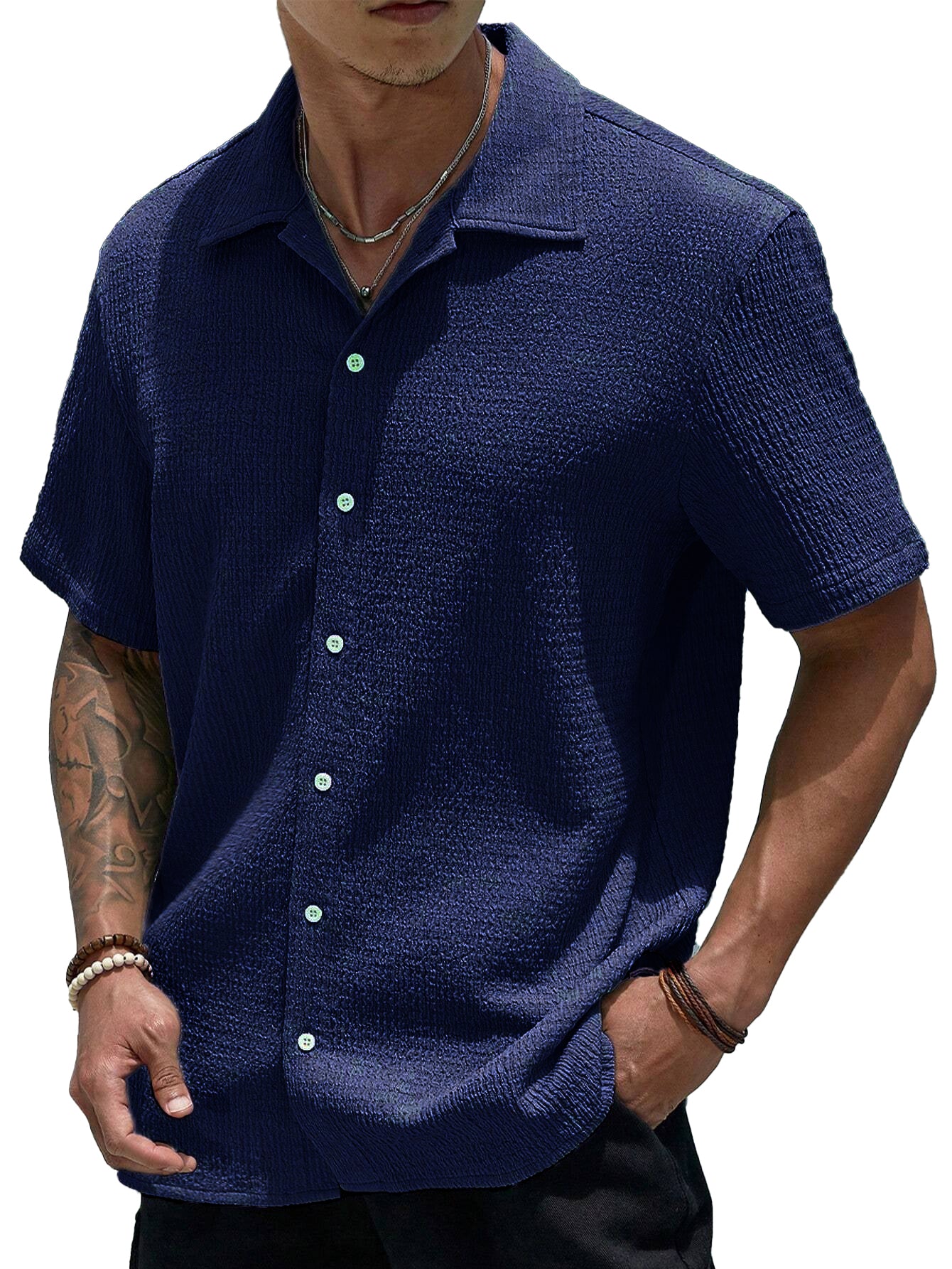 Stylish Men's Pleated Casual Lapel Short Sleeve Shirt