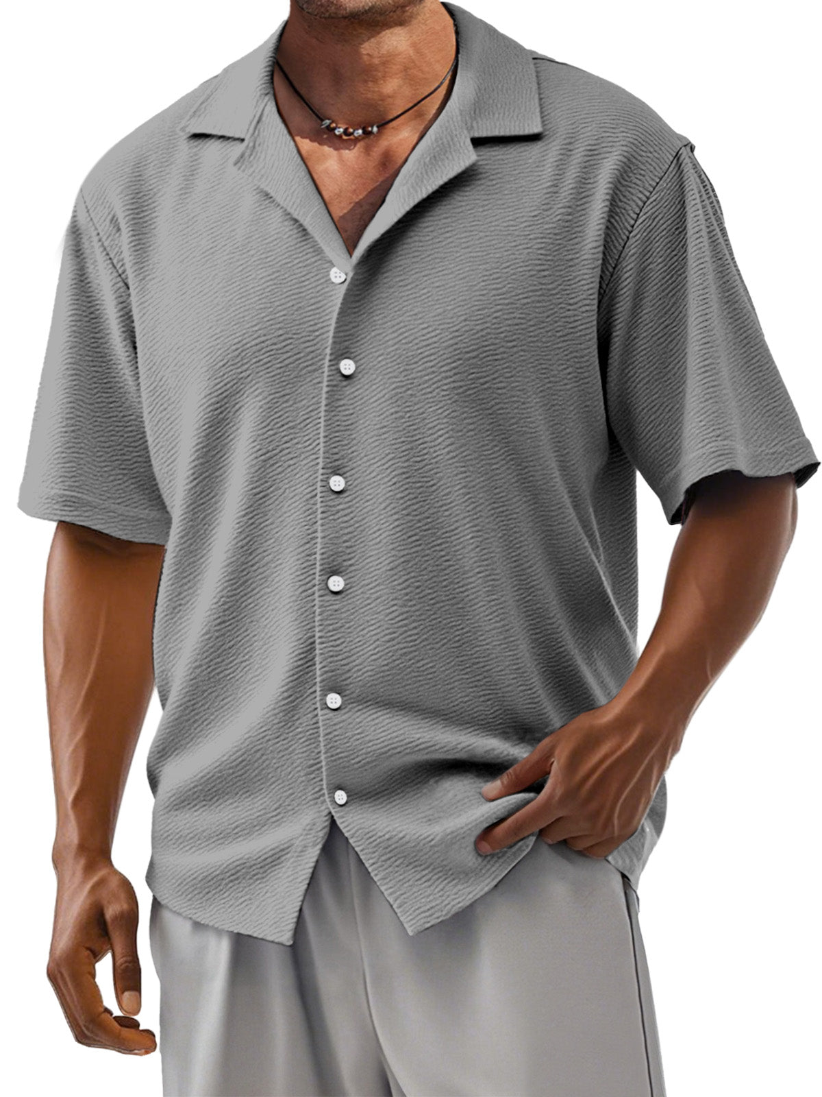 Men's Loose Solid Color Comfortable Texture Short-Sleeved Cuban Collar Shirt