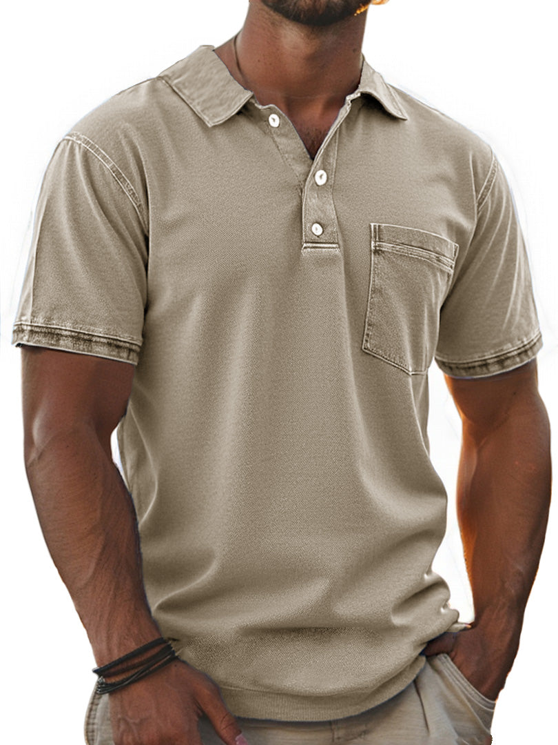 Men's Stylish Retro Pure Cotton Distressed Fabric Pocket Lapel Polo Shirt