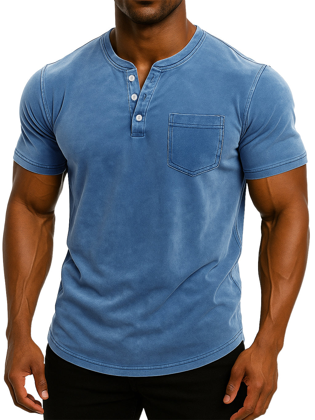 Men's Retro Stand Collar Casual Pocket Solid Color Slim Fit Short Sleeve Henley Shirt