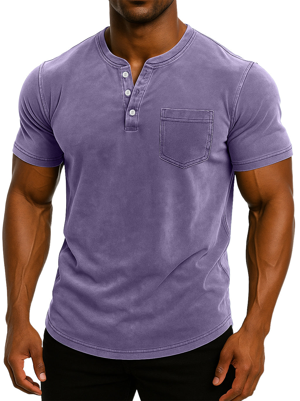 Men's Retro Stand Collar Casual Pocket Solid Color Slim Fit Short Sleeve Henley Shirt