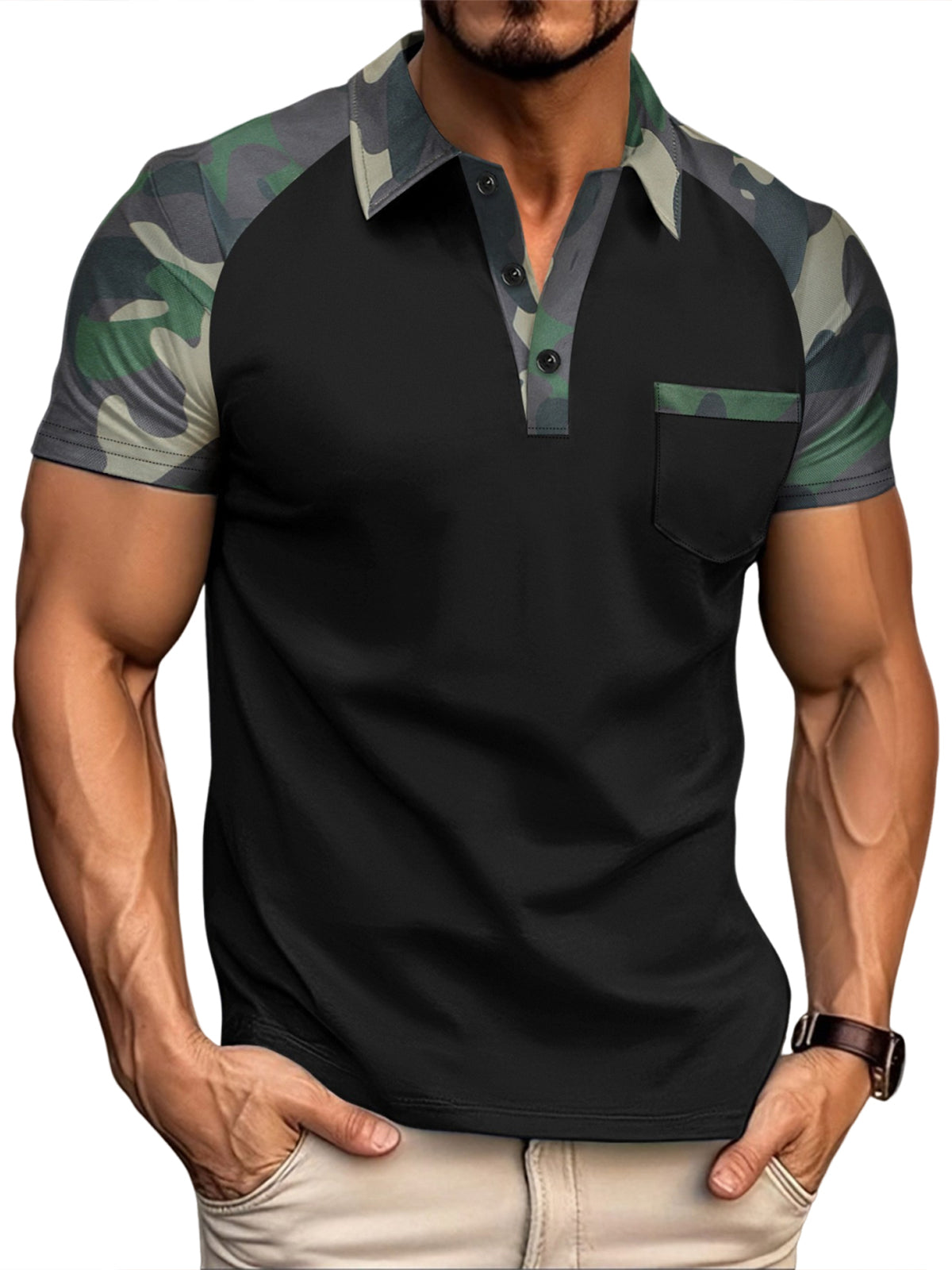 Men's Retro Outdoor Camouflage Colorblock Short-sleeved Polo Shirt