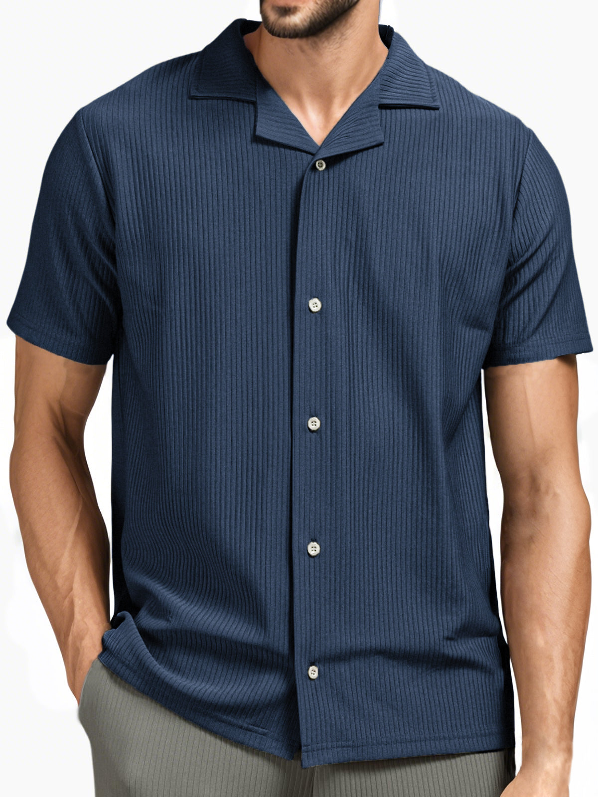 Men's Pit Stripe Pleated Cuban Collar Holiday Casual Button Short Sleeve Shirt