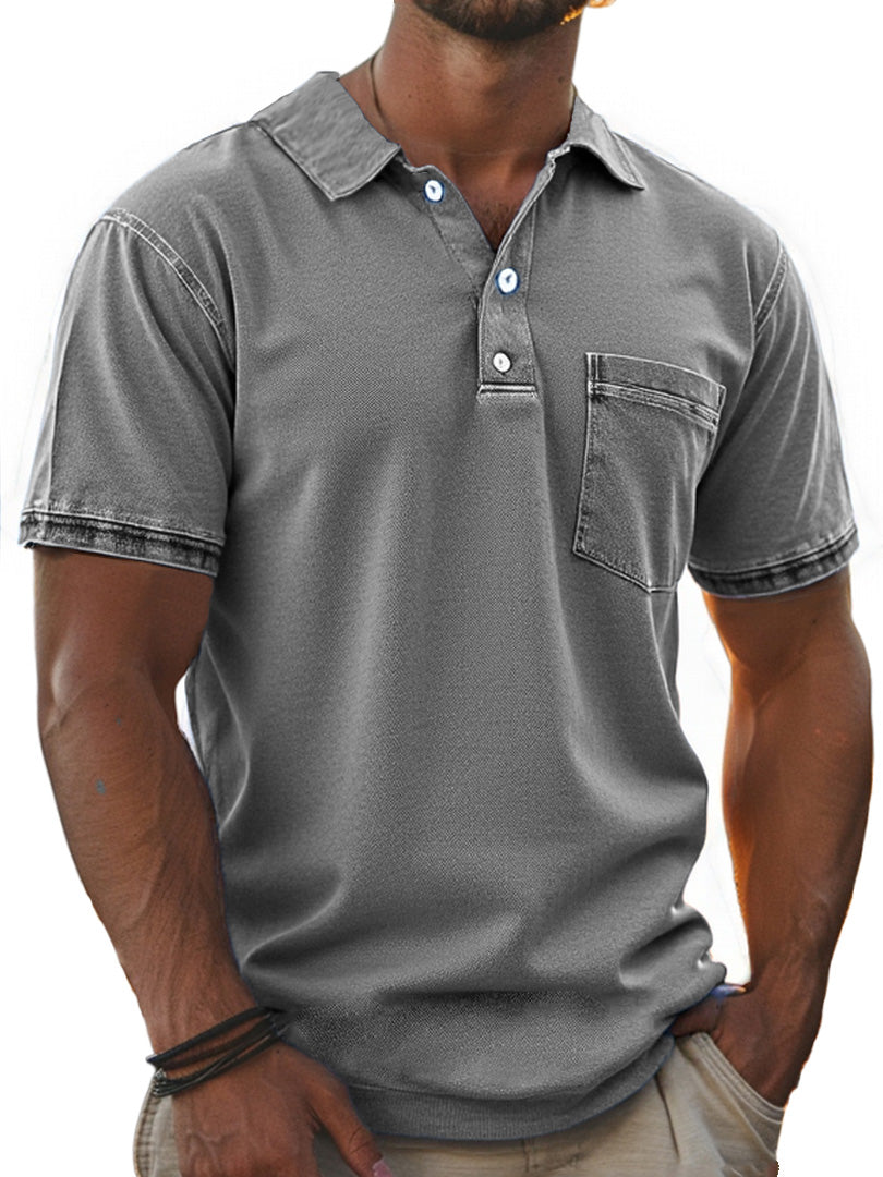 Men's Stylish Retro Pure Cotton Distressed Fabric Pocket Lapel Polo Shirt