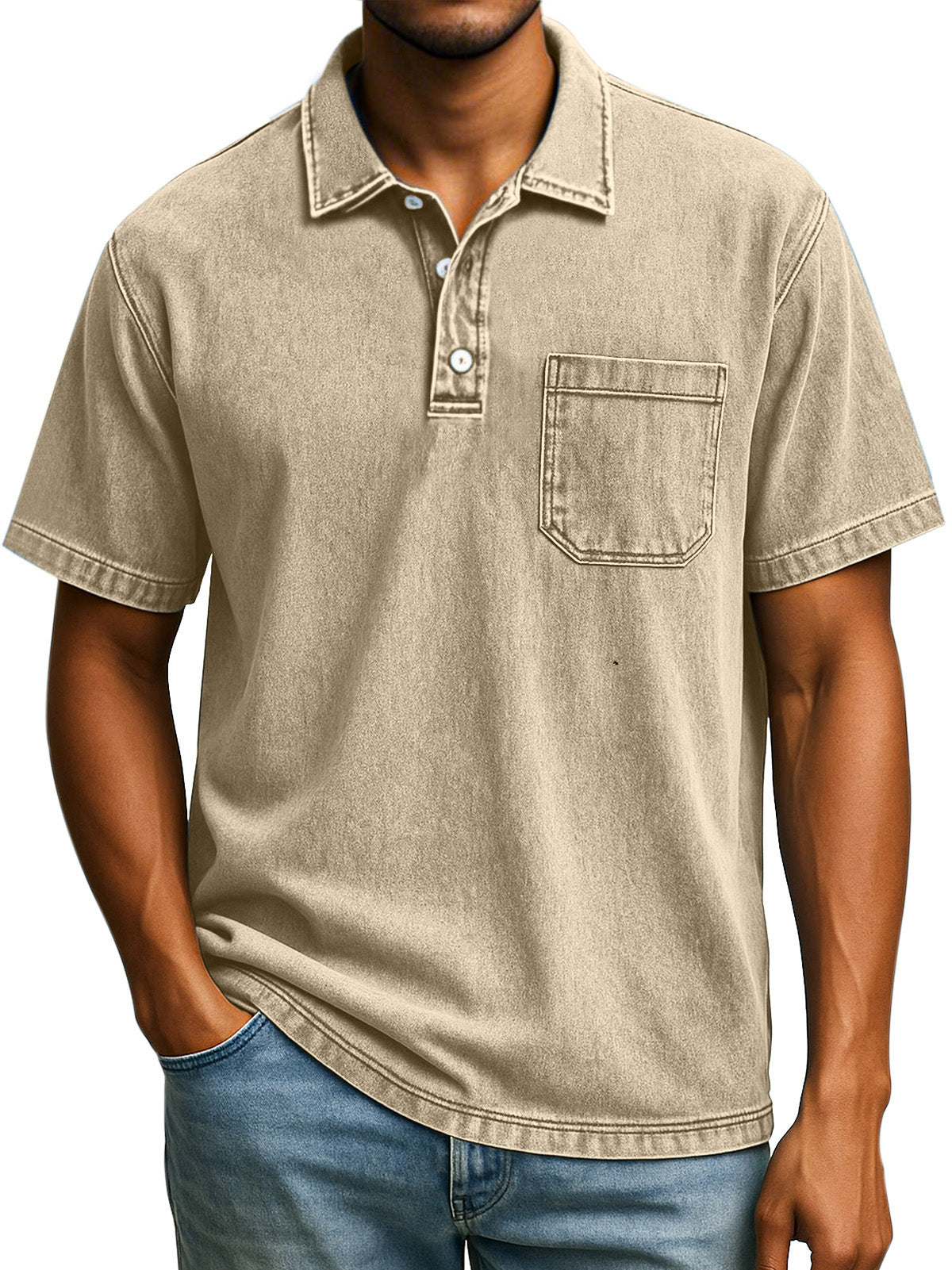 Men's Retro Solid Color Comfortable Loose Lapel Button Short Sleeve Polo Shirt